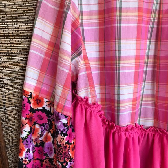Handmade Upcycled Boho Tunic, Size Large: Pink Ruffled Patchwork Top - Picture 11 of 13